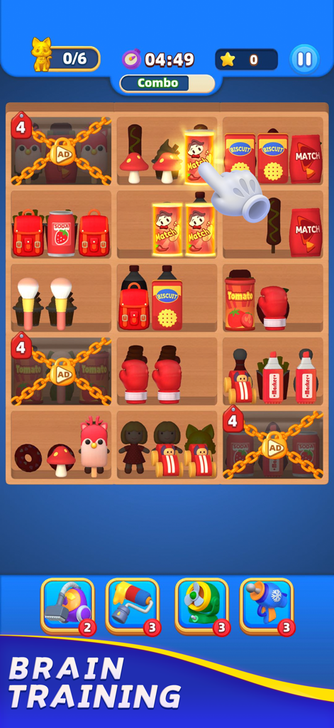 Triple Goods- Match 3D Game - Gameplay screen of Triple Goods Match 3D showing various grocery and household items on shelves to be organized for brain training
