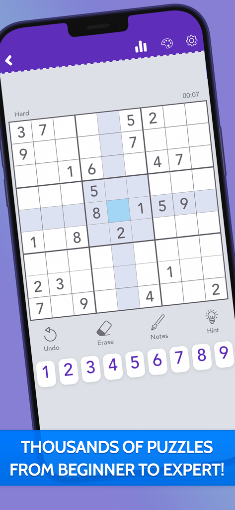 A mobile phone screen showing a classic Sudoku puzzle at hard difficulty with a clean purple interface.