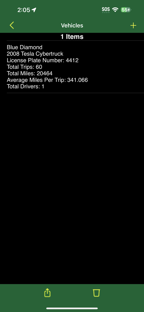 Track My Mileage And Time - Mobile app interface displaying detailed mileage and trip statistics for a specific vehicle.