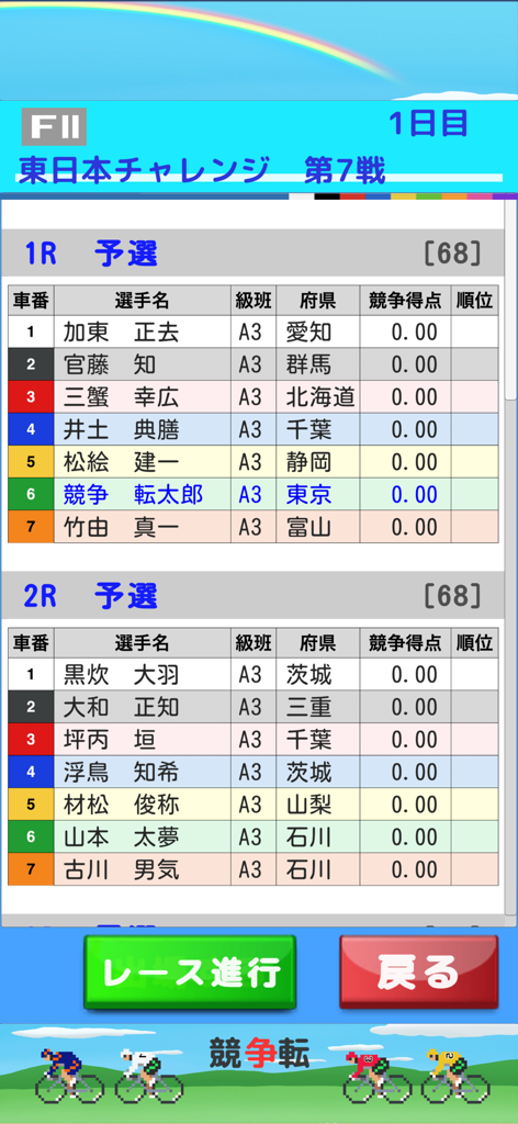 競争転ピストレーサ - Kyoten Piston Tracerアプリのメニュー画面。競輪レーサーのリストと地域ランキングが表示されています。