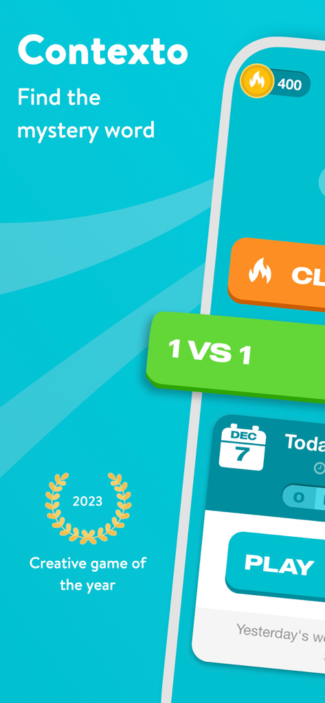 Contexto - The Original Game - Interface of Contexto word game showing daily challenge and multiplayer 1v1 buttons.