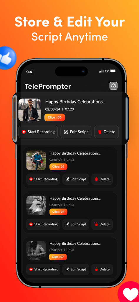 Teleprompter :Video Recording· - Interface of the Teleprompter app displaying a list of saved scripts and video clips with options to edit and record.