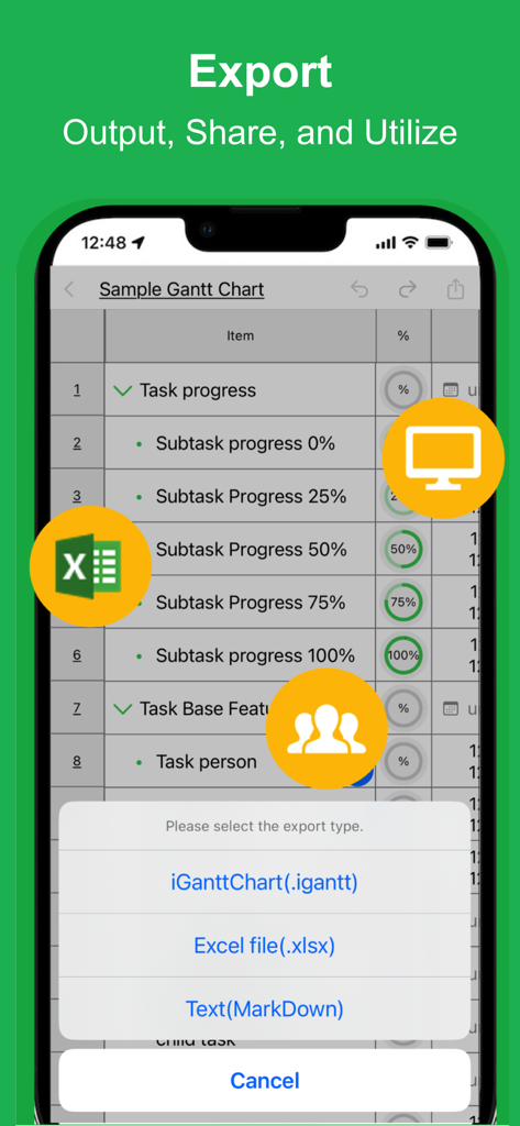 GanttchartAI: GanttChart by AI - ExcelおよびMarkDownファイルのエクスポートオプションを表示するGanttchartAIのモバイルインターフェイス。