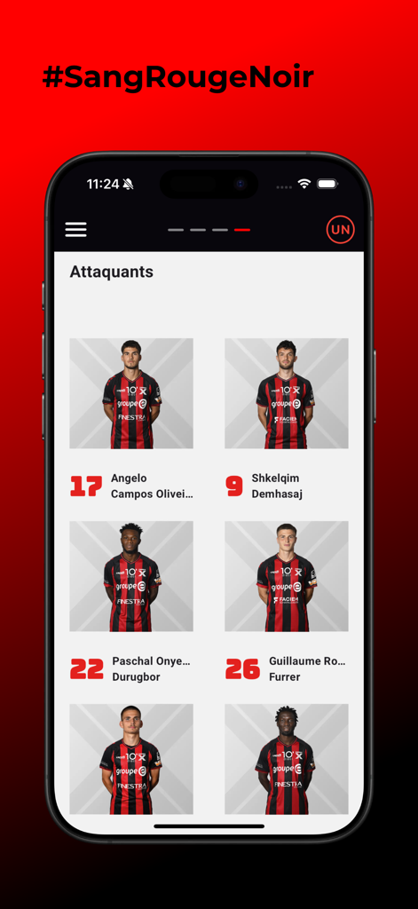 Neuchatel Xamax FCS - OFFICIEL - Screenshot of the Neuchâtel Xamax FCS official app showing the team roster for the attackers including player photos and names
