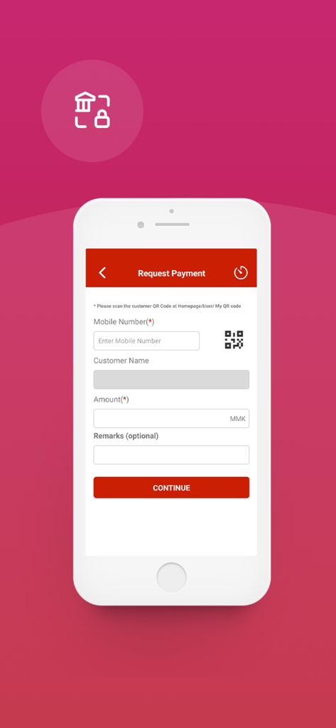 AYA PAY Merchant - AYA PAY Merchant app interface showing the Request Payment screen with fields for mobile number and amount in MMK