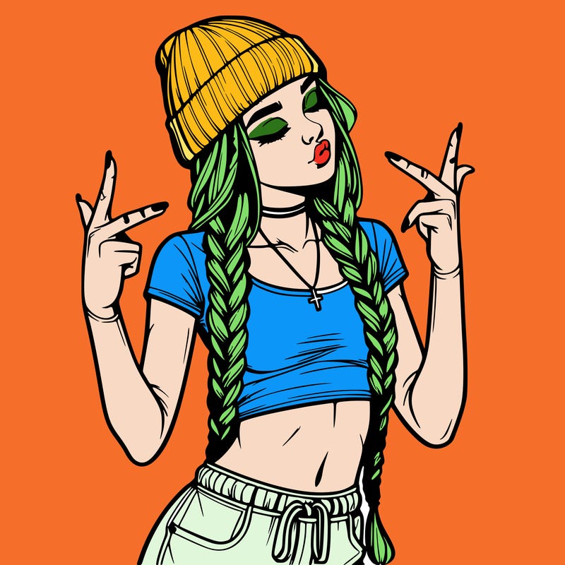 realistic teenage girl with braids and a beanie and crop top doing 🫶🏼