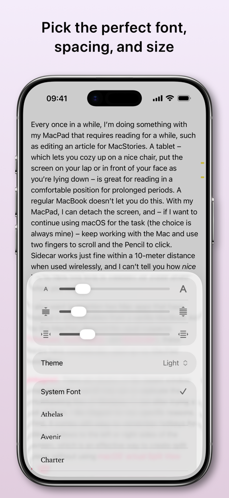 GoodLinks - iPhone screenshot of the GoodLinks app showing readability settings to customize font type size and line spacing for articles