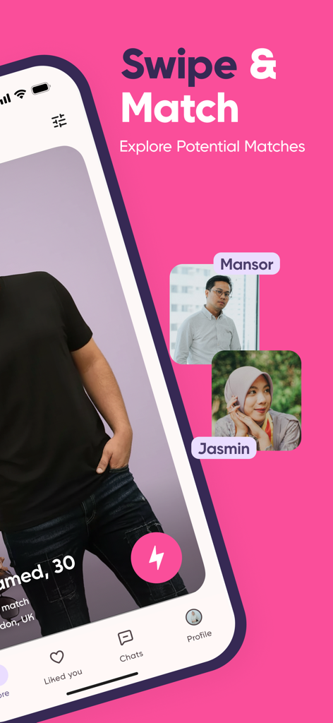 Simply Nikah - Simply Nikah app interface displaying the swipe and match feature for finding potential matrimonial partners.