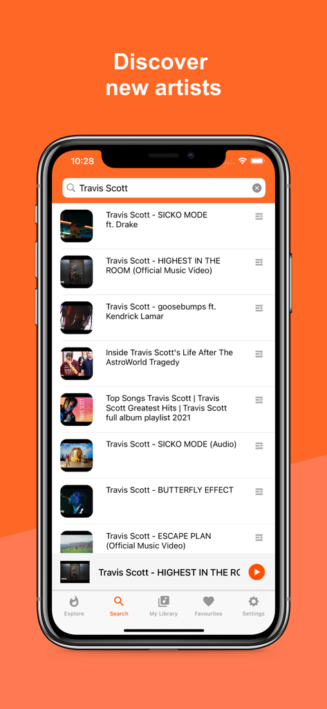 Écran de recherche de l'application Musicamp montrant les résultats musicaux pour Travis Scott sur un iPhone