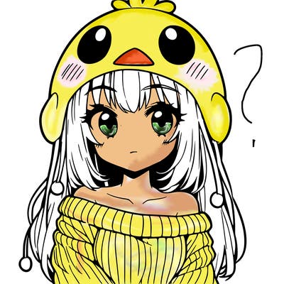 anime girl with chick shaped hat with sweater with bare shoulders with bangs covering them one eye with low tail