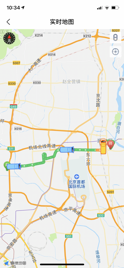 顺义公交-最精准的实时公交查询 - Interfaccia della mappa in tempo reale dell'app Shunyi Bus che mostra le posizioni e i percorsi degli autobus in diretta a Pechino.