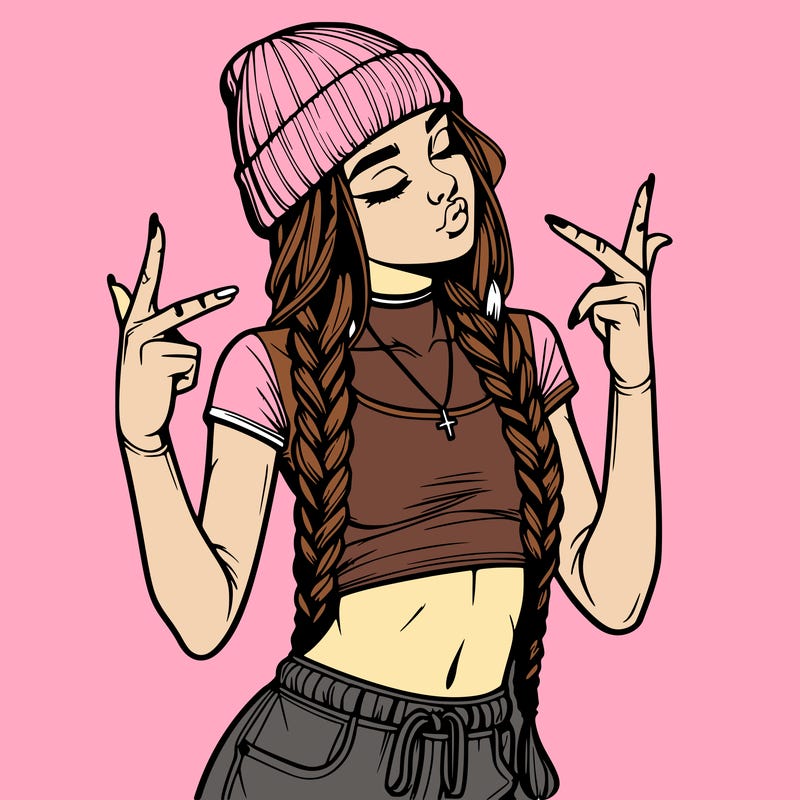 realistic teenage girl with braids and a beanie and crop top doing 🫶🏼