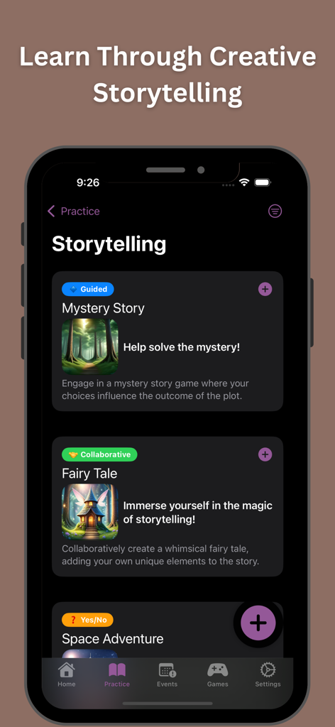 iPolyglot: Learn Language AI - A smartphone screen displaying the storytelling section of the iPolyglot app with interactive mystery and fairy tale modules.