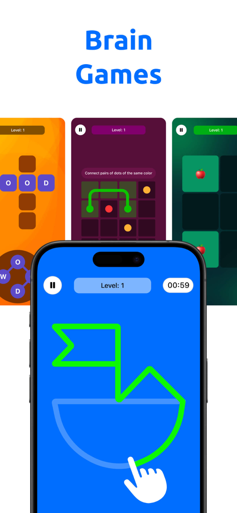 Brain Games: Memory Training - A selection of cognitive training games on a mobile screen including logic and memory exercises
