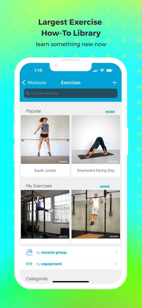 Pantalla de la biblioteca de ejercicios de la aplicación Entrenador de Ejercicios IA que muestra una biblioteca completa de cómo hacer ejercicios con categorías por grupo muscular y equipo