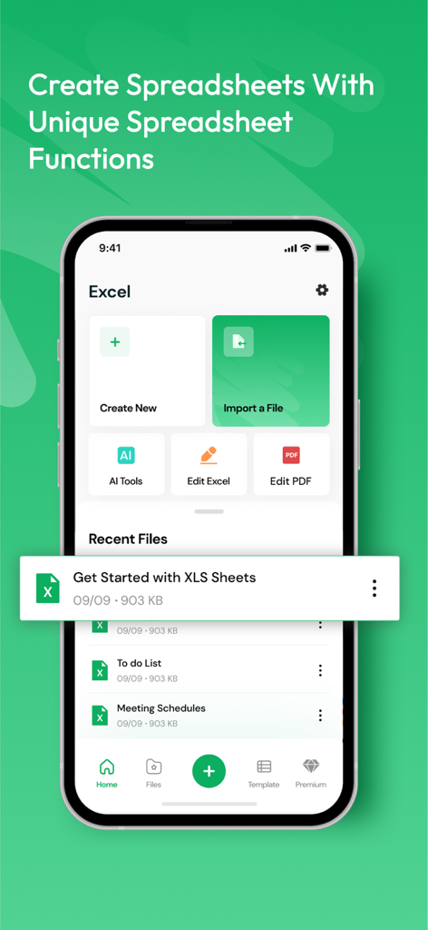 XLS Sheet: XLS Viewer & Editor - XLS Sheet mobile app home screen with options to create or import spreadsheets and view recent files