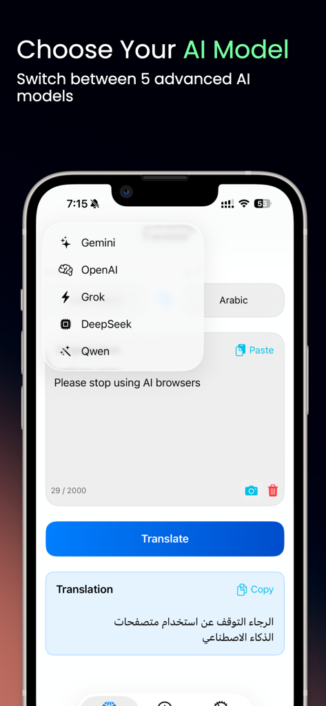 AI Translator - Transvia - Screenshot of Transvia app showing the selection of different AI models for translation on an iPhone