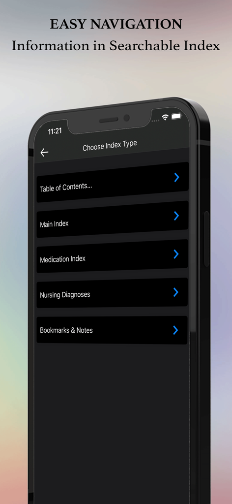 Davis Clinical Nursing Skills - Indice di navigazione ricercabile nell'app Davis Clinical Nursing Skills con navigazione per diagnosi infermieristiche e indice dei farmaci