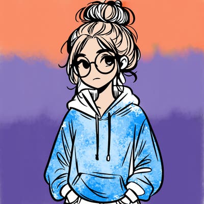 teen girl with a messy bun and glasses wearing a loose hoodie and jeans