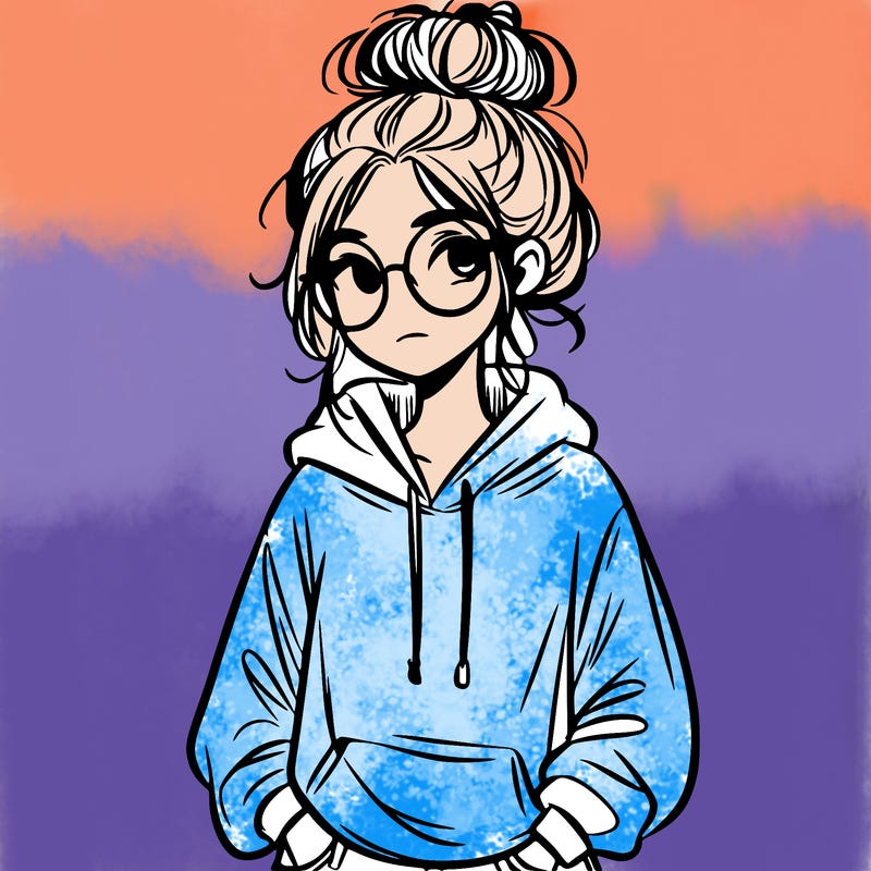 teen girl with a messy bun and glasses wearing a loose hoodie and jeans