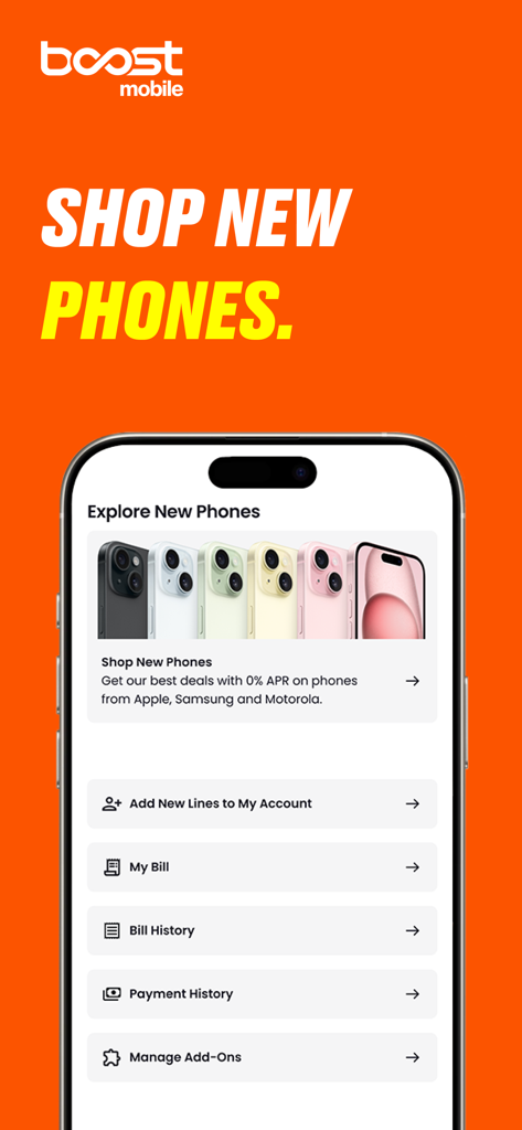 Pantalla de la aplicación Boost Mobile mostrando ofertas de teléfonos nuevos y opciones de gestión de cuentas como historial de facturas y complementos.