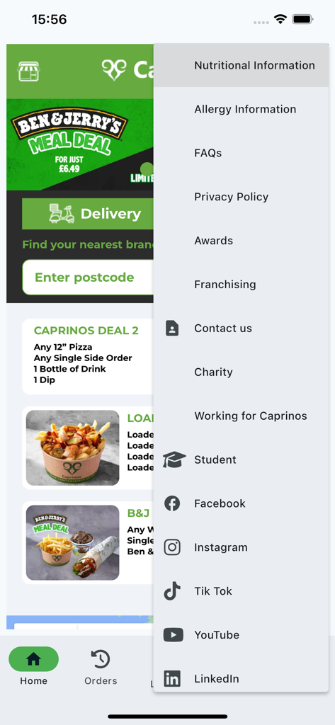 Menú de navegación lateral de la app Caprinos Pizza mostrando información nutricional y enlaces a redes sociales