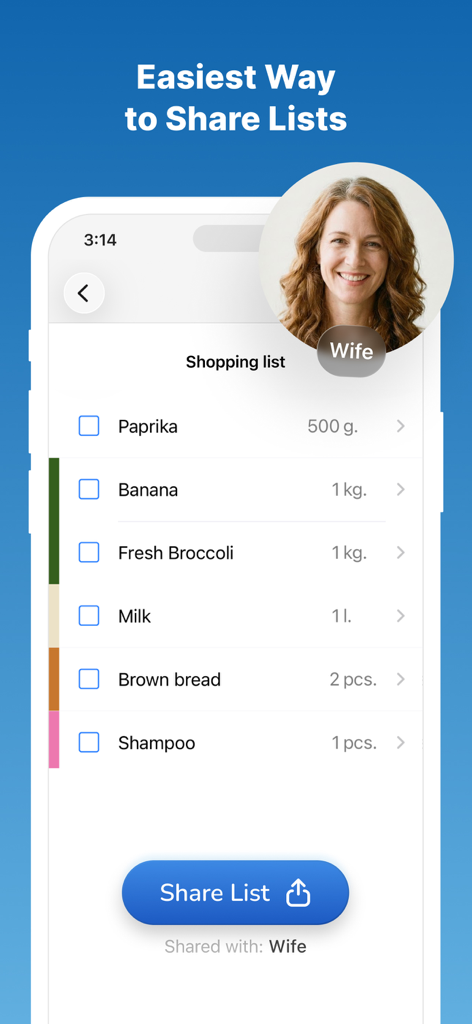Shopping Share - Grocery list - Shopping Share mobile app interface displaying a grocery list shared with a partner