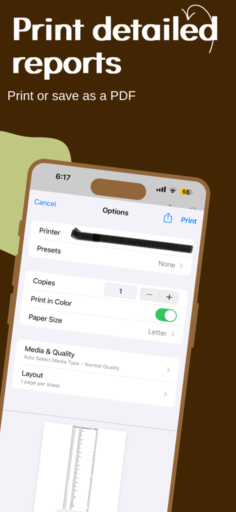 MinistryExpense - A mobile screen displaying options to print or save a detailed ministry expense report as a PDF.