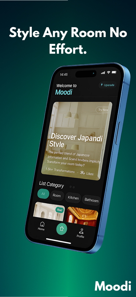 Room Planner Home Design Decor - Moodi mobile app interface displaying AI powered Japandi interior design options