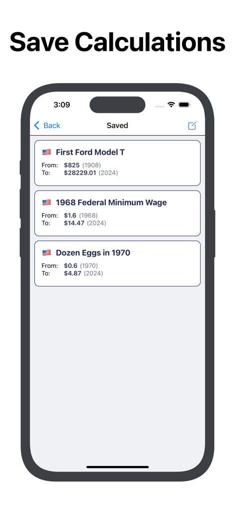 Ein mobiler App-Bildschirm mit einer Liste gespeicherter historischer Inflationsberechnungen für Artikel wie ein Ford Modell T und den bundesstaatlichen Mindestlohn.