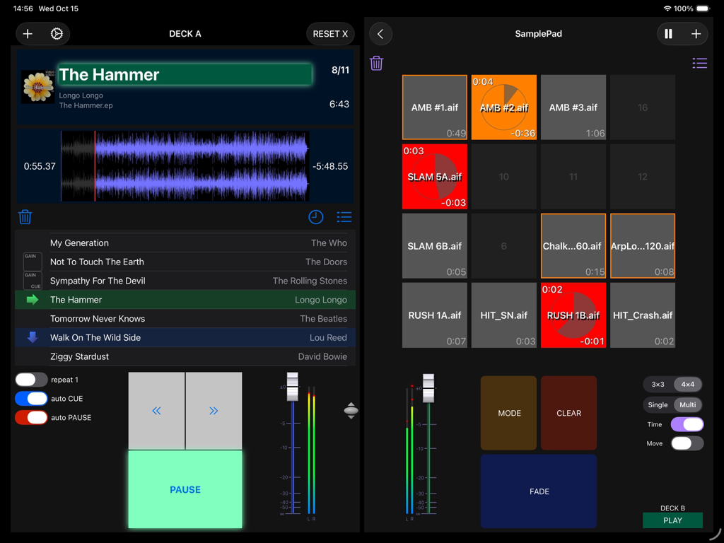 PlayBacker for iPad - Interfaz de PlayBacker para iPad que muestra un deck de pistas con forma de onda y una cuadrícula de pads de samples para reproducción de sonido en vivo.