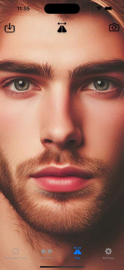 Close up of a man face in the facial symmetry app showing the flip mirroring feature