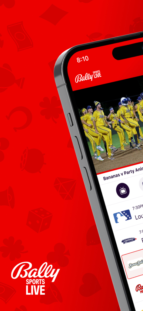 Bally Sports Live - A smartphone screen displaying the Bally Sports Live app with a live stream of the Savannah Bananas and a list of upcoming sports events