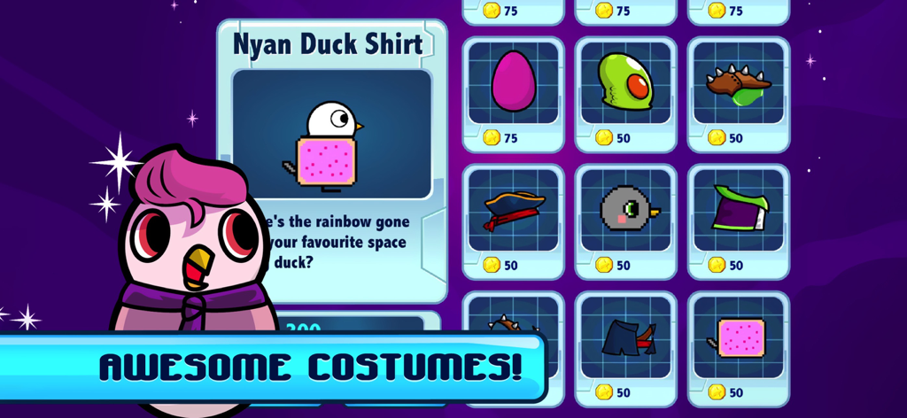 Duck character customization shop featuring various costumes and accessories in Duck Life 6 Space.