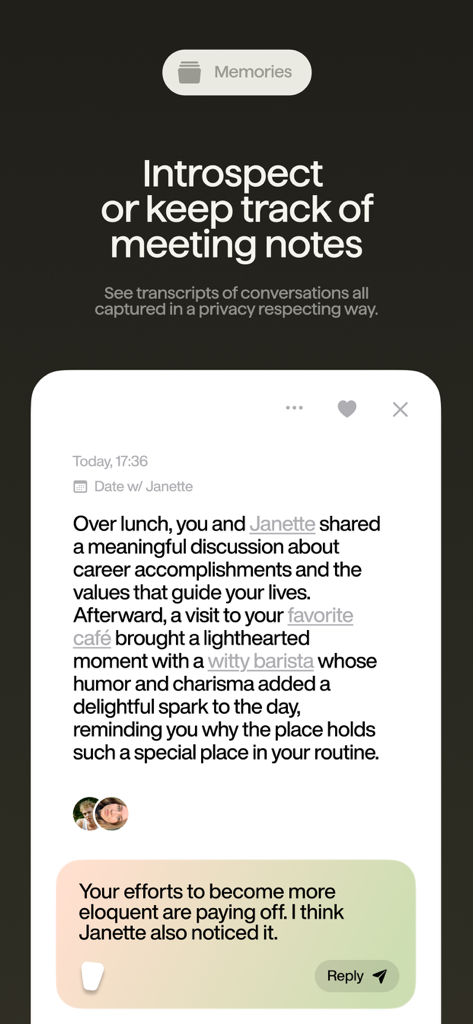 Fieldy - AI note taker - Interface of Fieldy AI note taker app displaying a conversation summary and automated AI feedback.