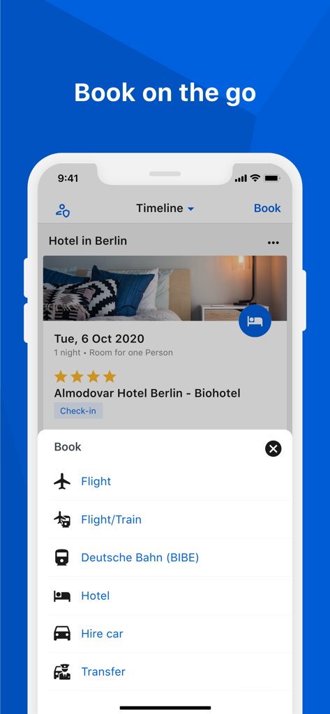 cytric Mobile - Screenshot of cytric Mobile app showing travel booking options for flight, hotel, and car