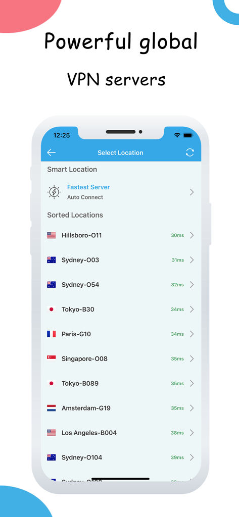 RayVPN: Secure Unlimited Proxy - Pantalla de la aplicación RayVPN mostrando una lista de servidores VPN globales con velocidades de conexión