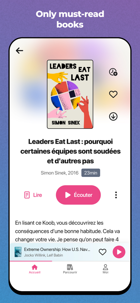 Koober : podcasts de livres - Interface of the Koober app showing a summary of the book Leaders Eat Last by Simon Sinek with a play button for the audio version