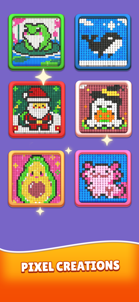 A collection of colorful pixel art designs including a frog, whale, Santa Claus, and an avocado from the Color Blaze Shooter game.