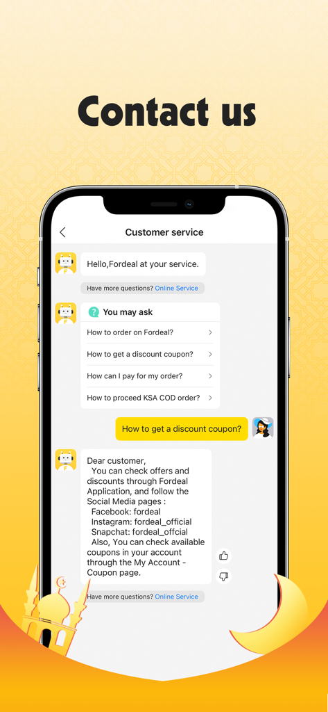 Schermata di assistenza clienti dell'app Fordeal che mostra un chatbot automatico che assiste un utente con domande comuni sullo shopping