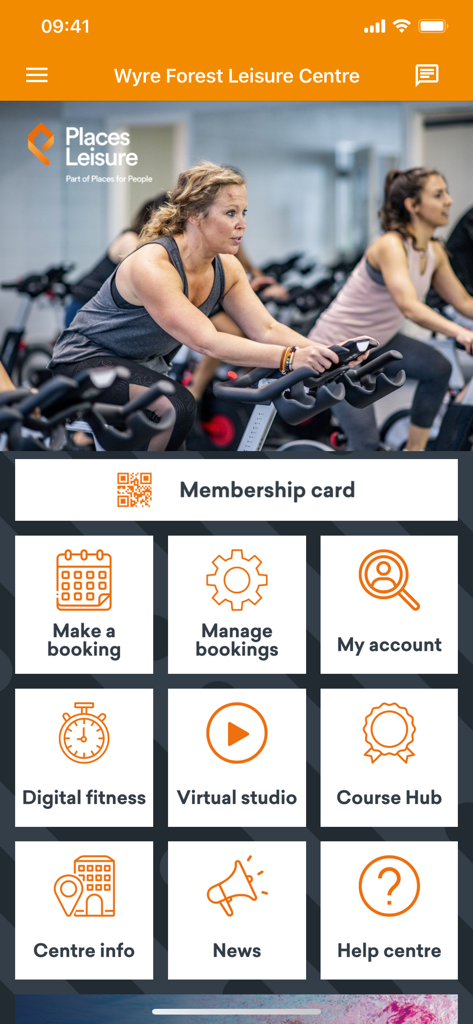 Places Leisure - El panel principal de la aplicación Places Leisure con opciones para reservas de clases, gestión de membresías y clases de fitness digitales.