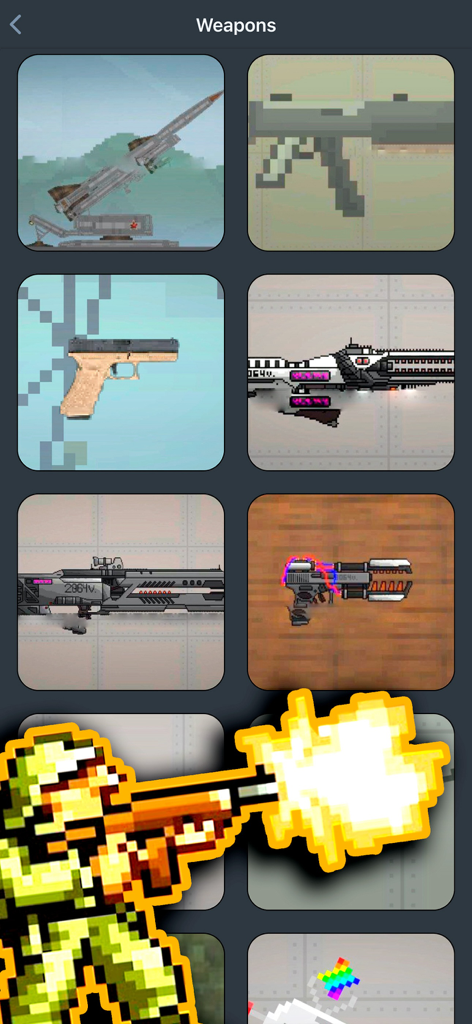 A gallery of weapon mods for Melon PG featuring various guns and a pixel art soldier firing.