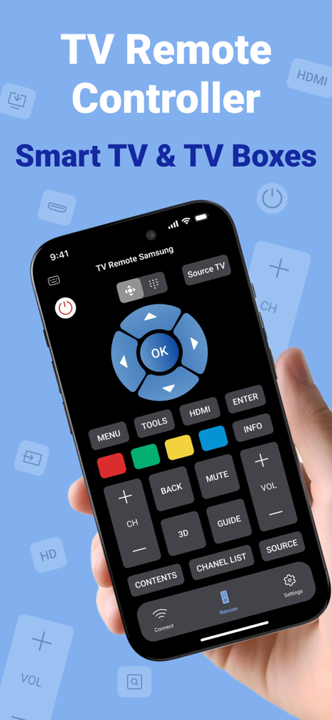 Pantalla de smartphone que muestra la interfaz de usuario de una aplicación de control remoto de TV universal para Smart TVs y cajas de TV.