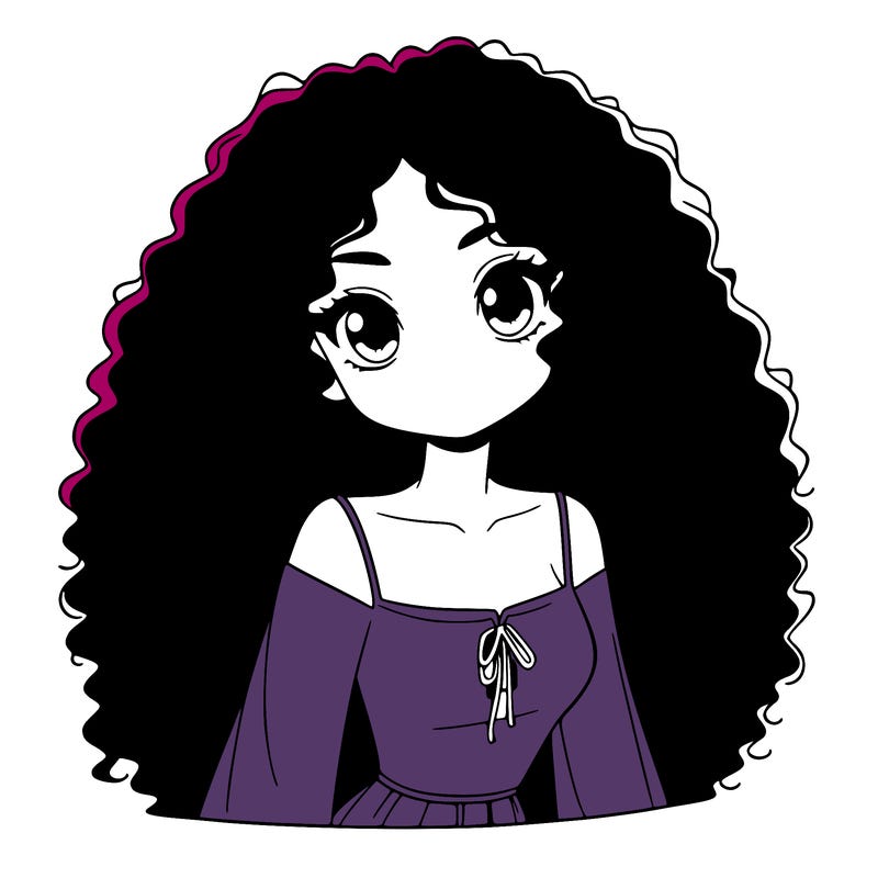 a black anime girl with long afro hair