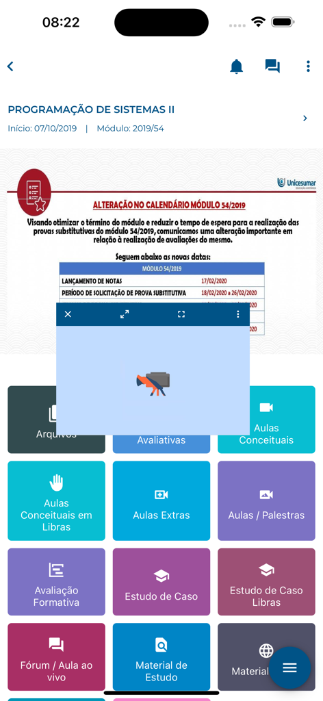Interface de l'application Unicesumar Studeo affichant un tableau de bord de cours avec des modules d'étude et des icônes de leçons vidéo.