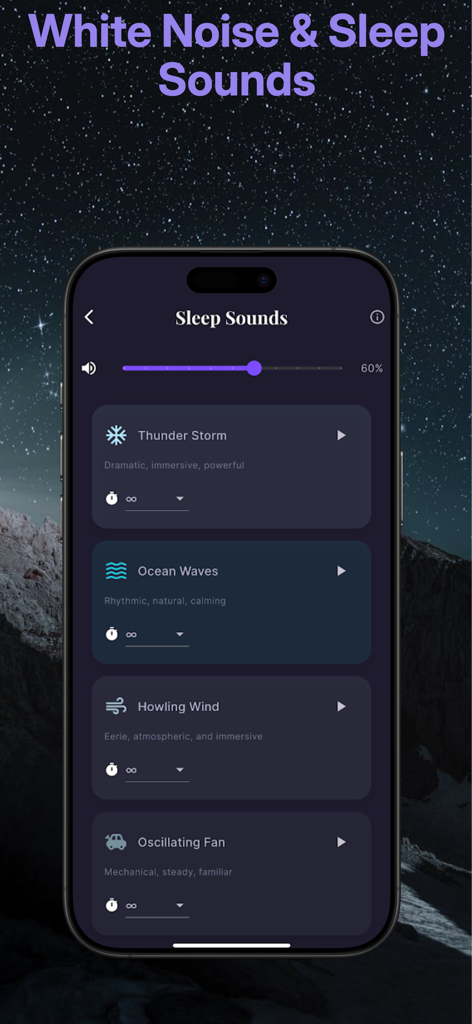A mobile phone displaying the Dreamsplain app sleep sounds interface with options for thunder storm ocean waves and wind sounds.