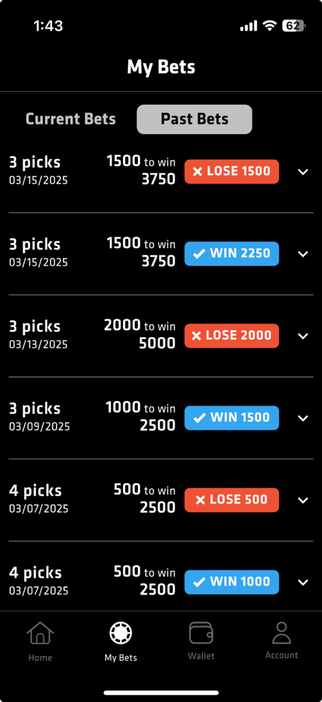 GameOn Fantasy - A list of past sports parlay bets in the GameOn Fantasy app showing win and loss history.
