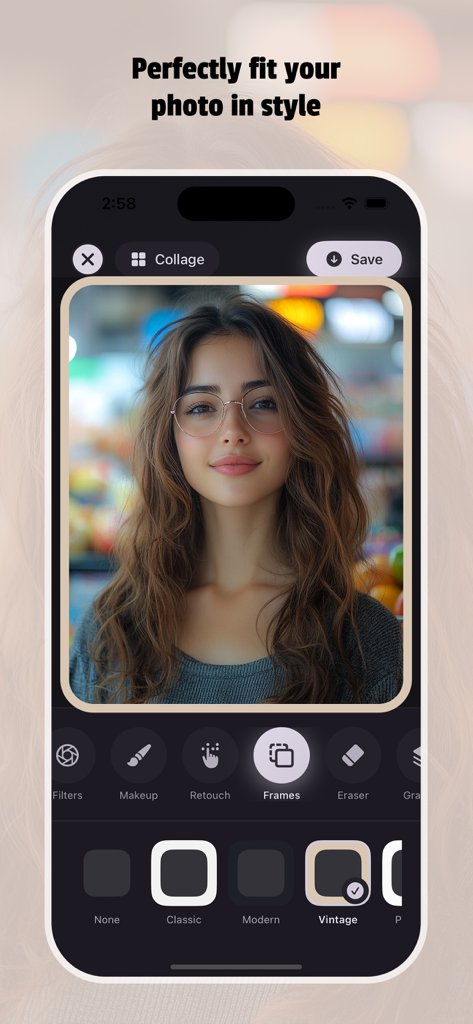 Photo Edit Studio+ - Interfaz de la aplicación Photo Edit Studio plus mostrando un marco vintage aplicado a un retrato