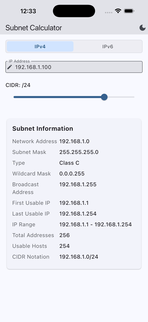 Interface do aplicativo mobile Calculadora de Sub-rede exibindo detalhes de rede IPv4 e controle deslizante CIDR