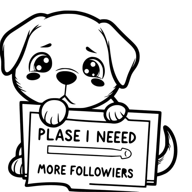 a puppy that is holding a sign that says please i need more followers